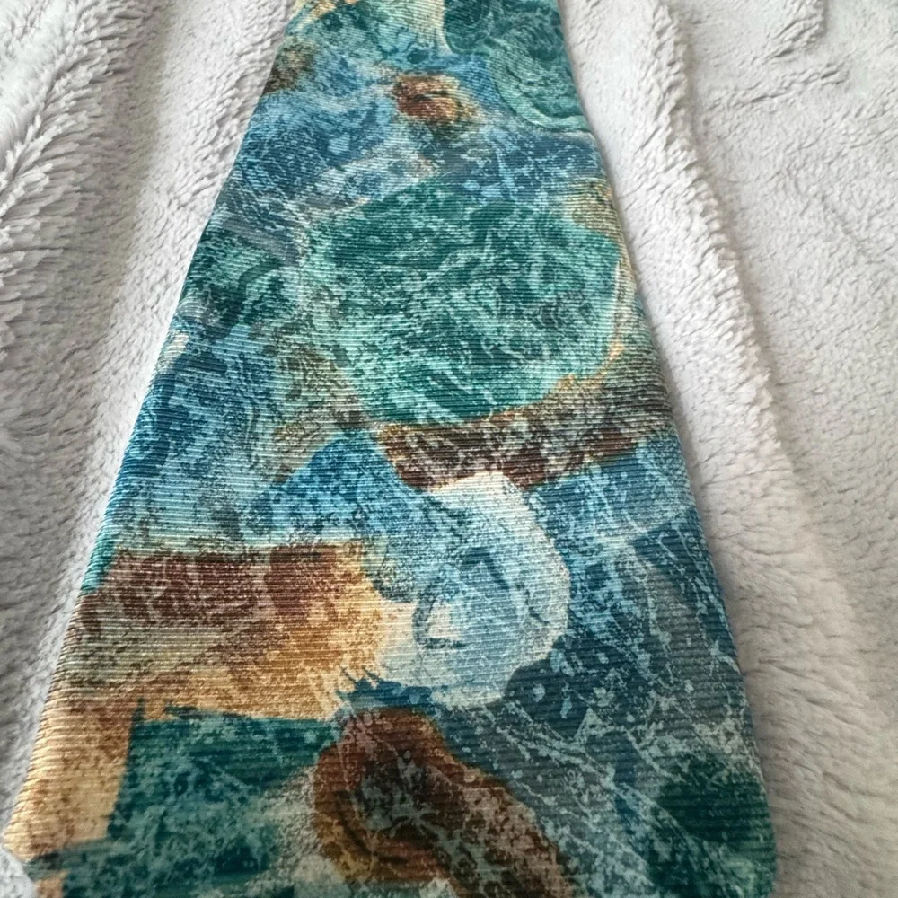 Geoffrey‎ Beene 100% Silk Made in USA Teal and Brown Tie for Men